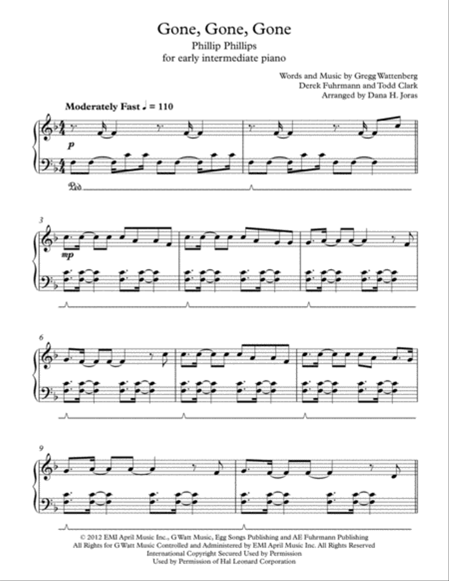 Gone, Gone, Gone Piano Solo scores gallery preview page 1