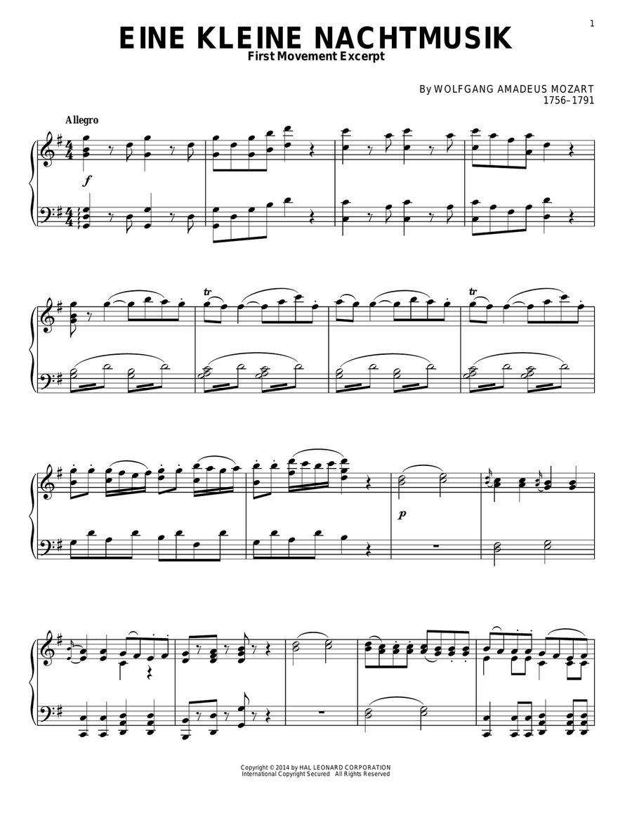 Eine Kleine Nachtmusik Piano Solo scores gallery preview page 1