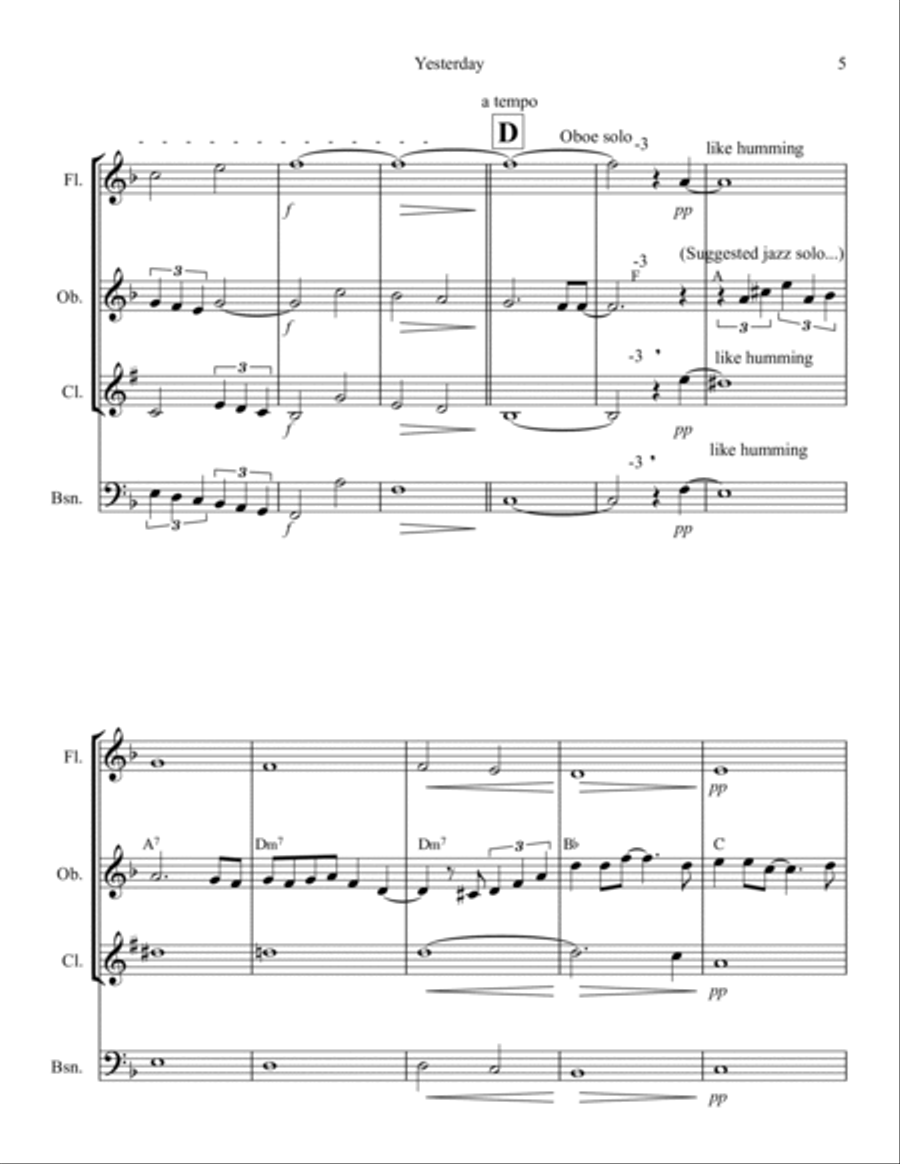 Yesterday Woodwind Quartet scores gallery preview page 5