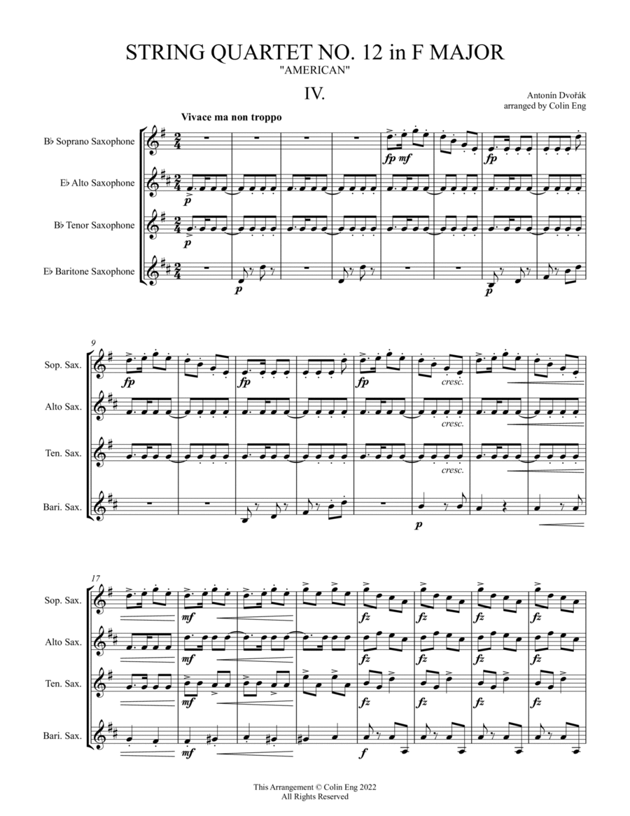 String Quartet No. 12 in F Major, "American" for Saxophone Quartet MOVEMENT IV image number null