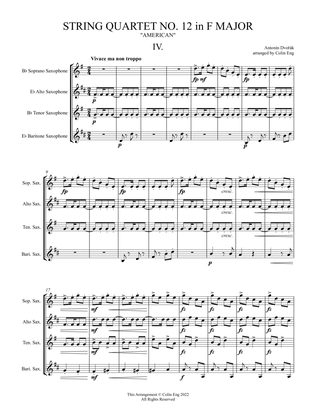 Book cover for String Quartet No. 12 in F Major, "American" for Saxophone Quartet MOVEMENT IV
