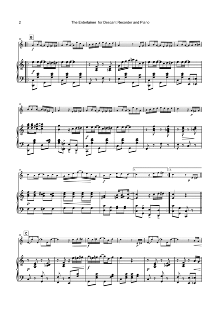 The Entertainer, by Scott Joplin, for Descant Recorder and Piano Soprano Recorder scores gallery preview page 3