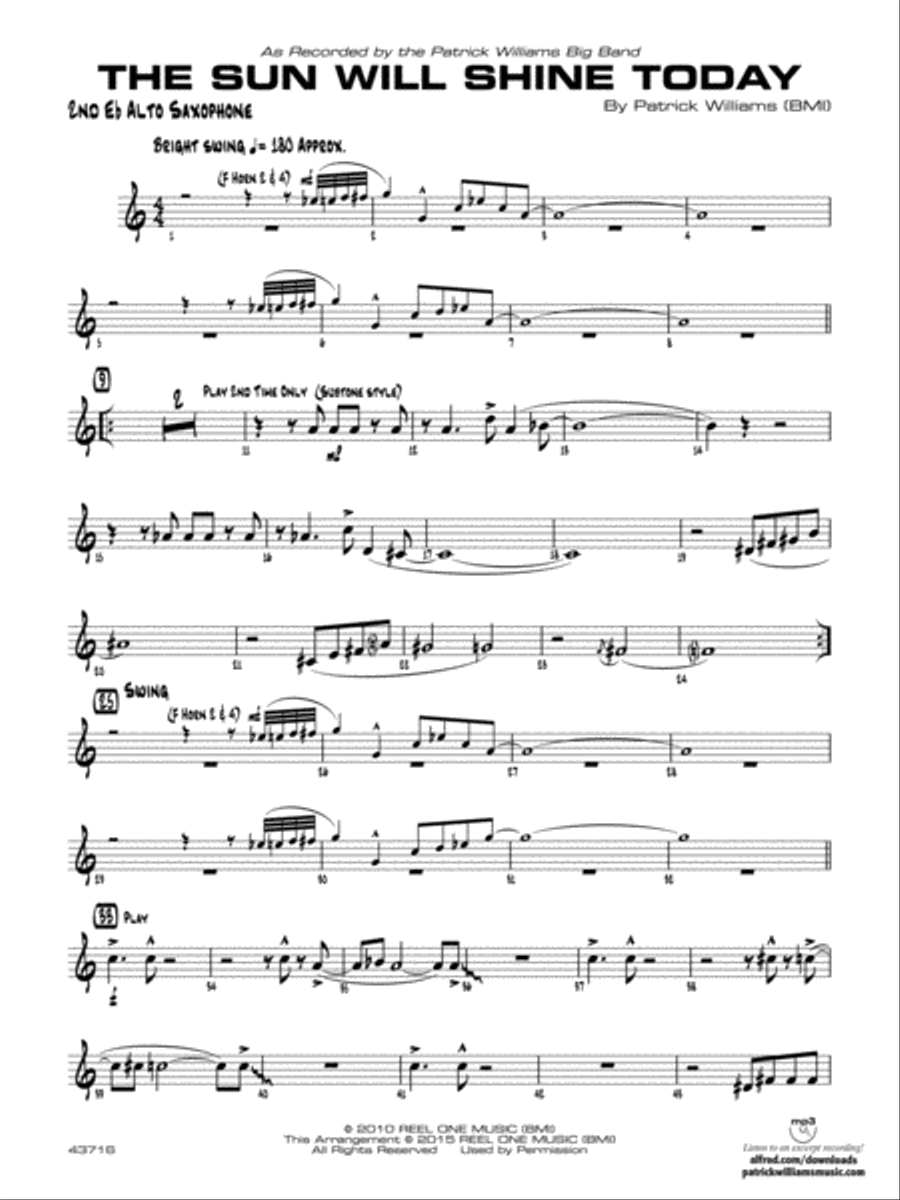 The Sun Will Shine Today: 2nd E-flat Alto Saxophone Jazz Ensemble scores gallery preview page 1