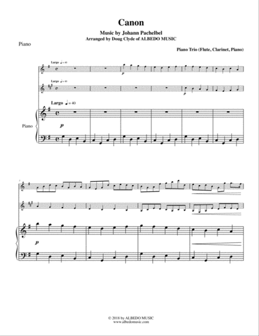 Pachelbel's Canon for Flute, Clarinet & Piano Woodwind Duet scores gallery preview page 1
