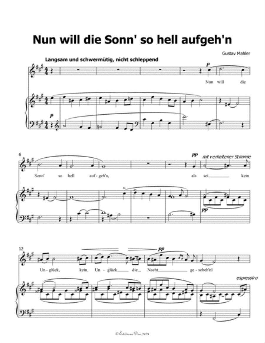 Nun will die Sonn so hell aufgehn, by Mahler, in f sharp minor Piano, Vocal scores gallery preview page 3