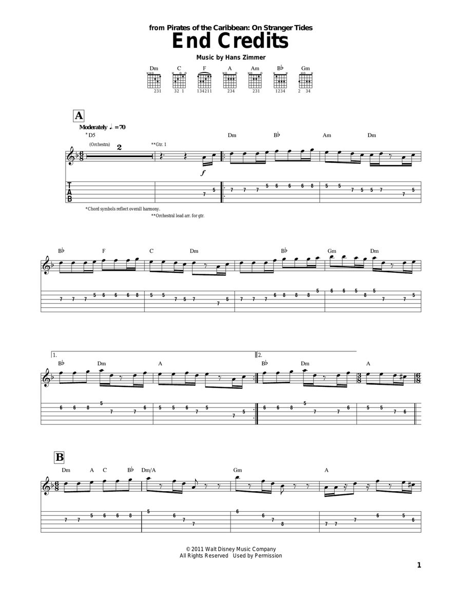 End Credits (from Pirates Of The Caribbean: On Stranger Tides) Guitar Tablature scores gallery preview page 1