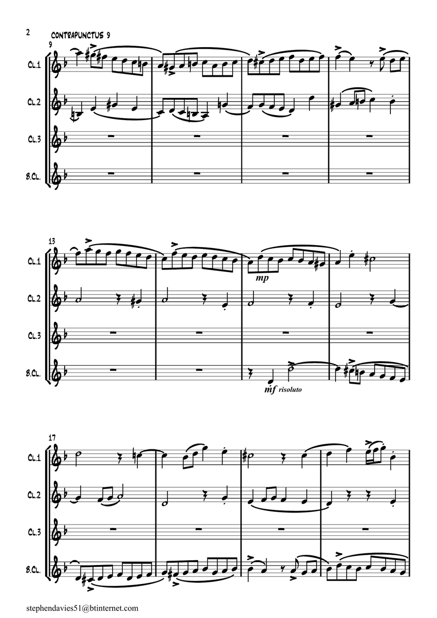 'Contrapunctus 9' By J.S.Bach BWV 1080 from 'The Art of the Fugue' for Clarinet Quartet. Clarinet Quartet scores gallery preview page 2