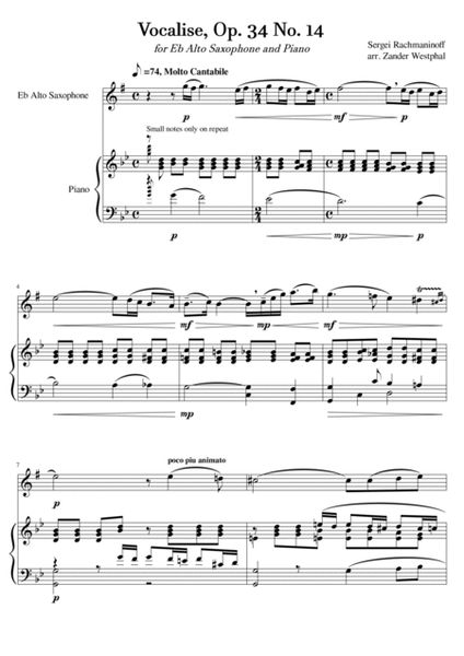 Vocalise, Op. 34 No. 14 for Alto Saxophone and Piano image number null
