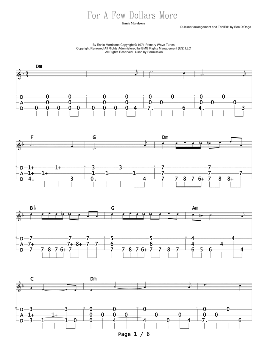 For A Few Dollars More Dulcimer scores gallery preview page 1