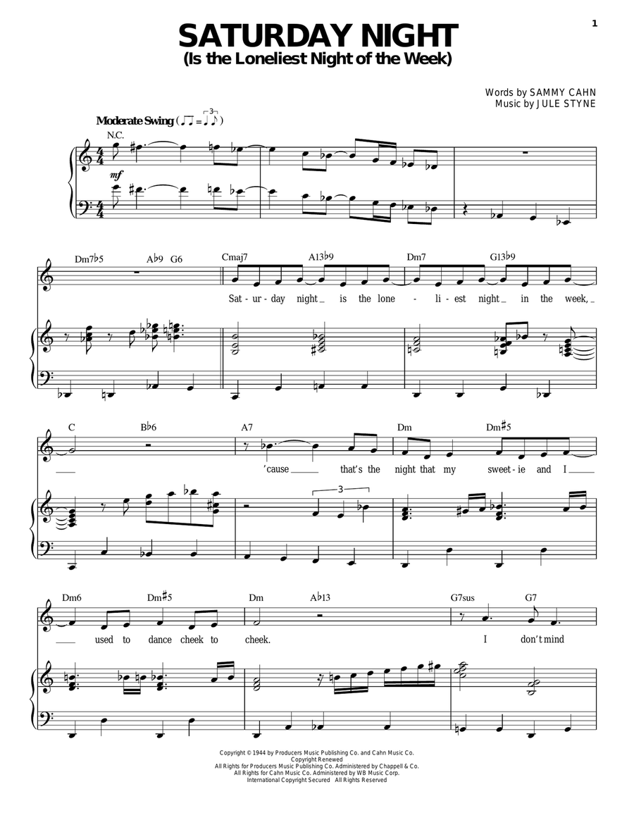 Saturday Night (Is The Loneliest Night Of The Week) Piano, Vocal scores gallery preview page 1