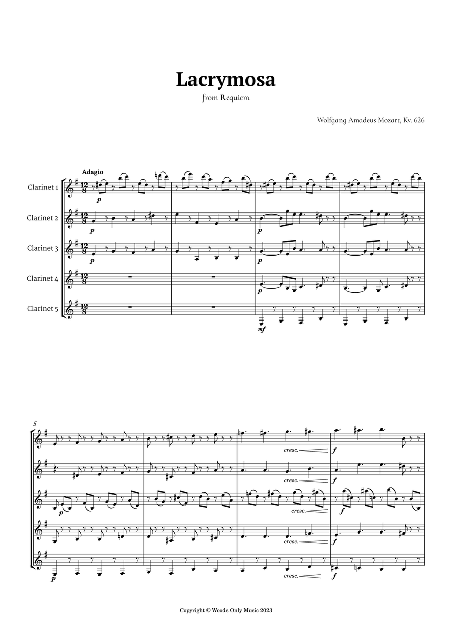 Queen of the Night Aria by Mozart for Clarinet Quintet Clarinet Quintet scores gallery preview page 1