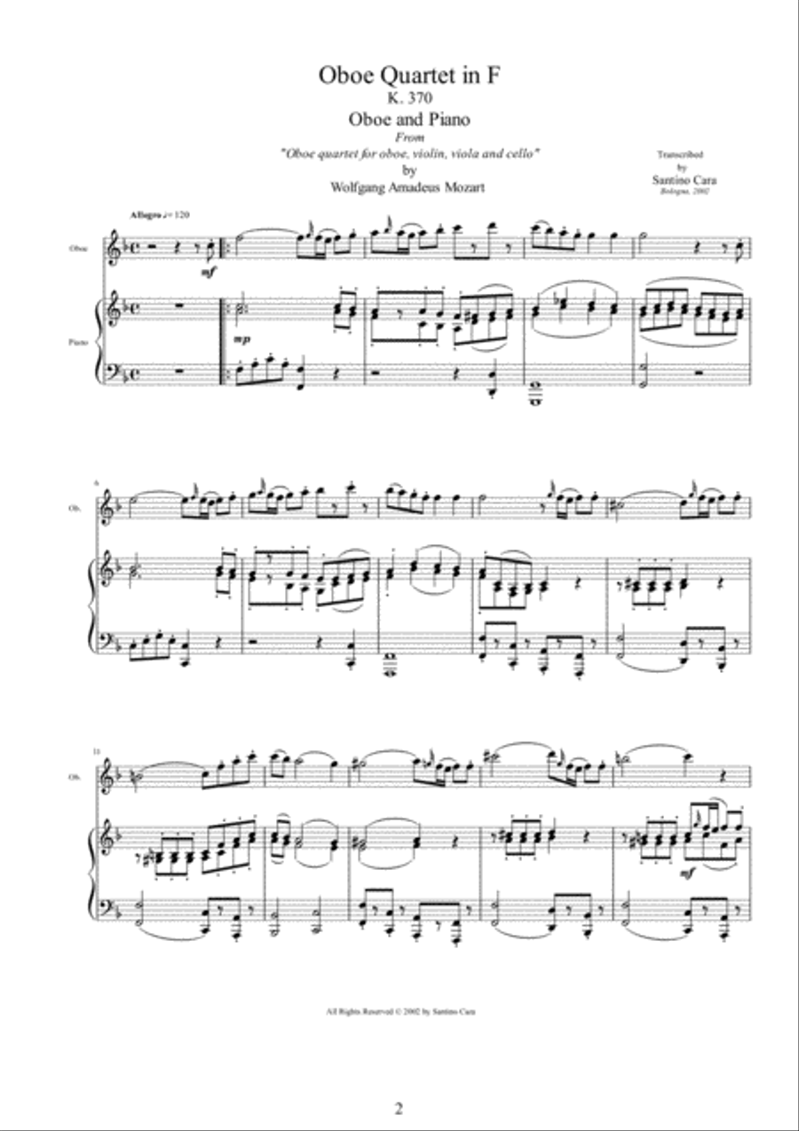 Mozart – Complete Oboe Quartet in F major K370 for Oboe and piano Flute Solo scores gallery preview page 2