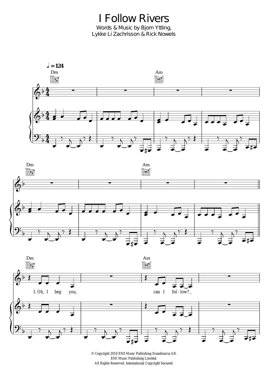 I Follow Rivers Piano, Vocal scores gallery preview page 1