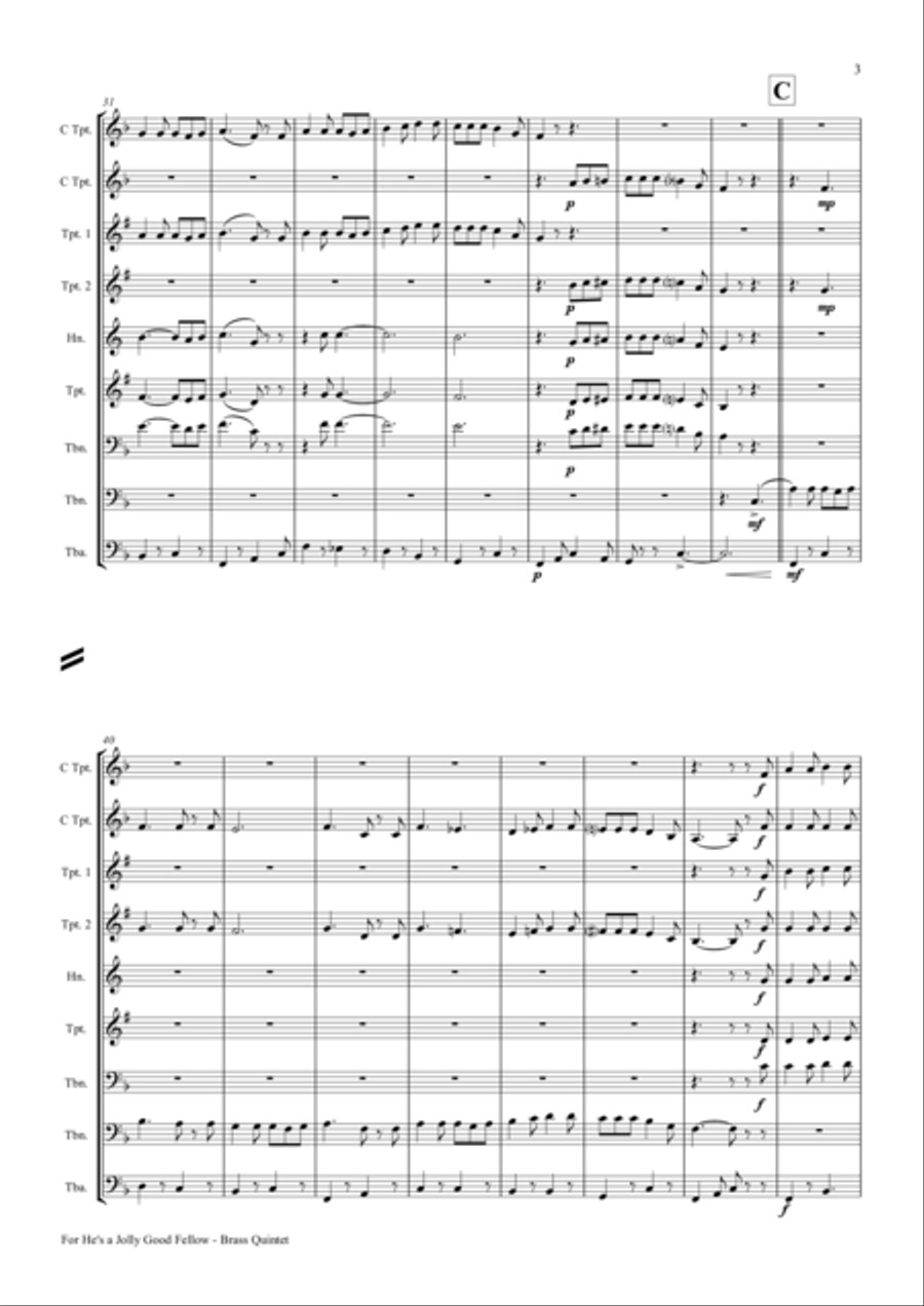 For He's a Jolly Good Fellow - Folk Song and Toast - Brass Quintet Brass Quintet scores gallery preview page 3
