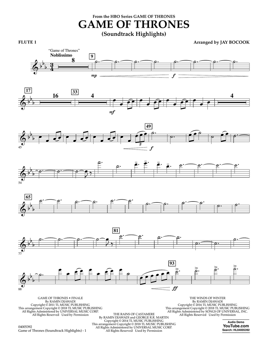 Game Of Thrones (Soundtrack Highlights) (arr. Jay Bocook) - Flute 1 Concert Band scores gallery preview page 1