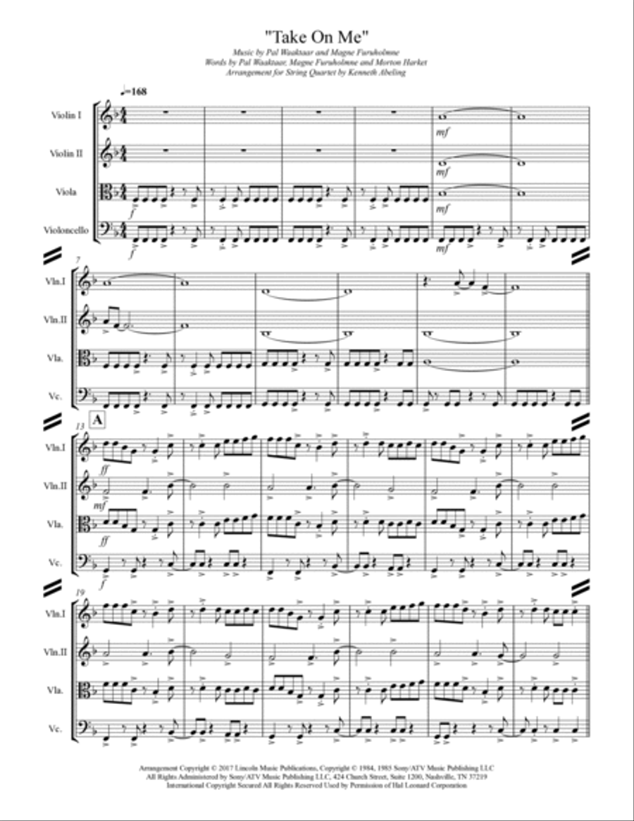 Take On Me String Quartet scores gallery preview page 2