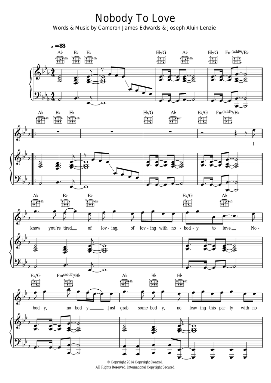 Nobody To Love Piano, Vocal scores gallery preview page 1