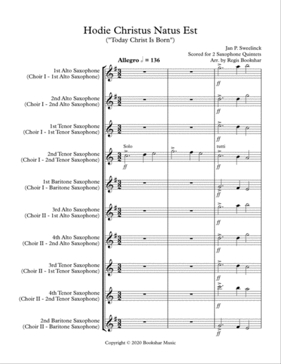 Hodie Christus Natus Est (2 Saxophone Quintets - 4 Alto, 4 Tenor, 2 Bari) Saxophone Quintet scores gallery preview page 1