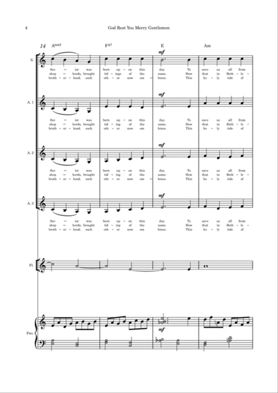 God Rest You Merry Gentlemen SAAA flute and piano 4-Part scores gallery preview page 4