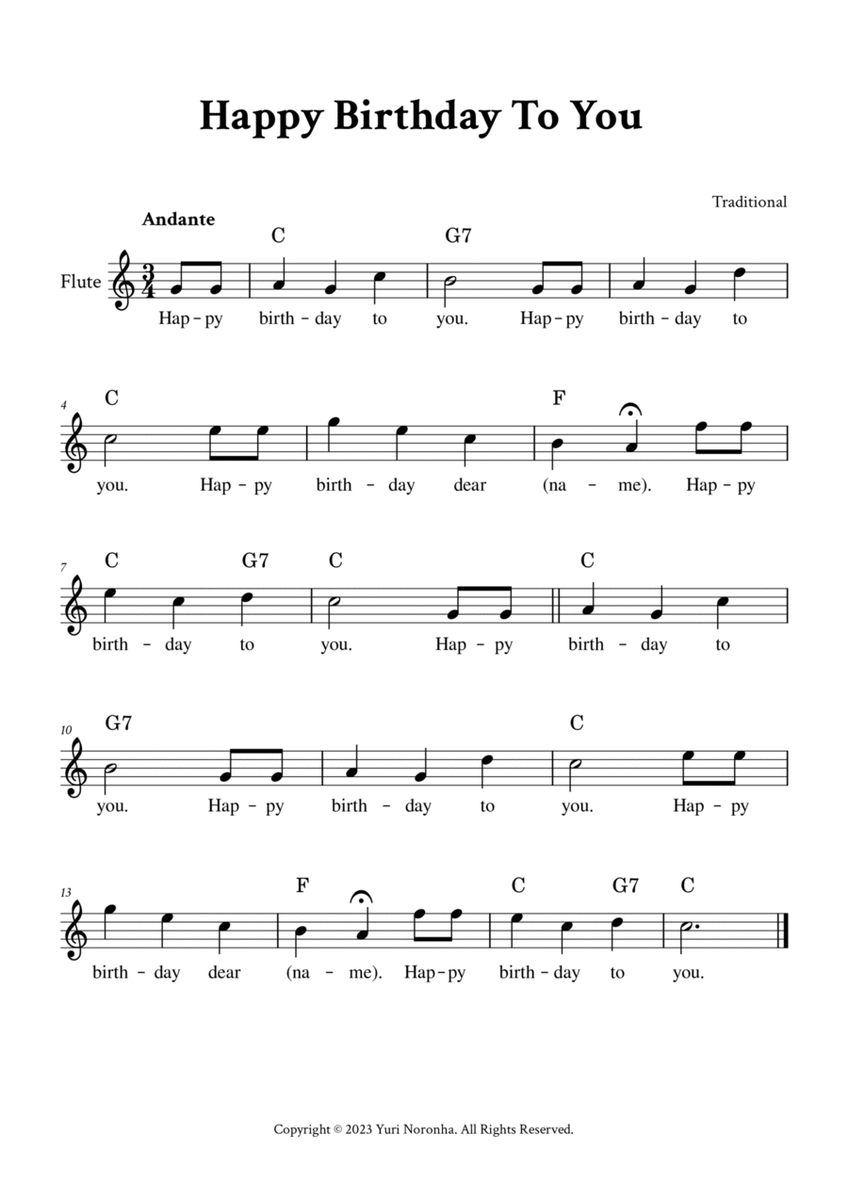 Happy Birthday To You - For Flute (C Major - with Chords and Lyrics) image number null