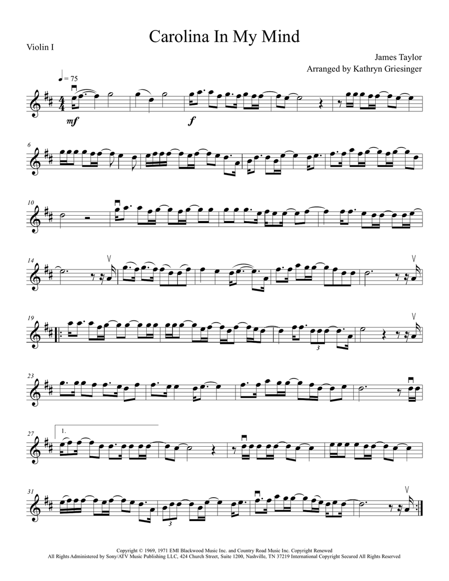 Carolina In My Mind String Quartet scores gallery preview page 1