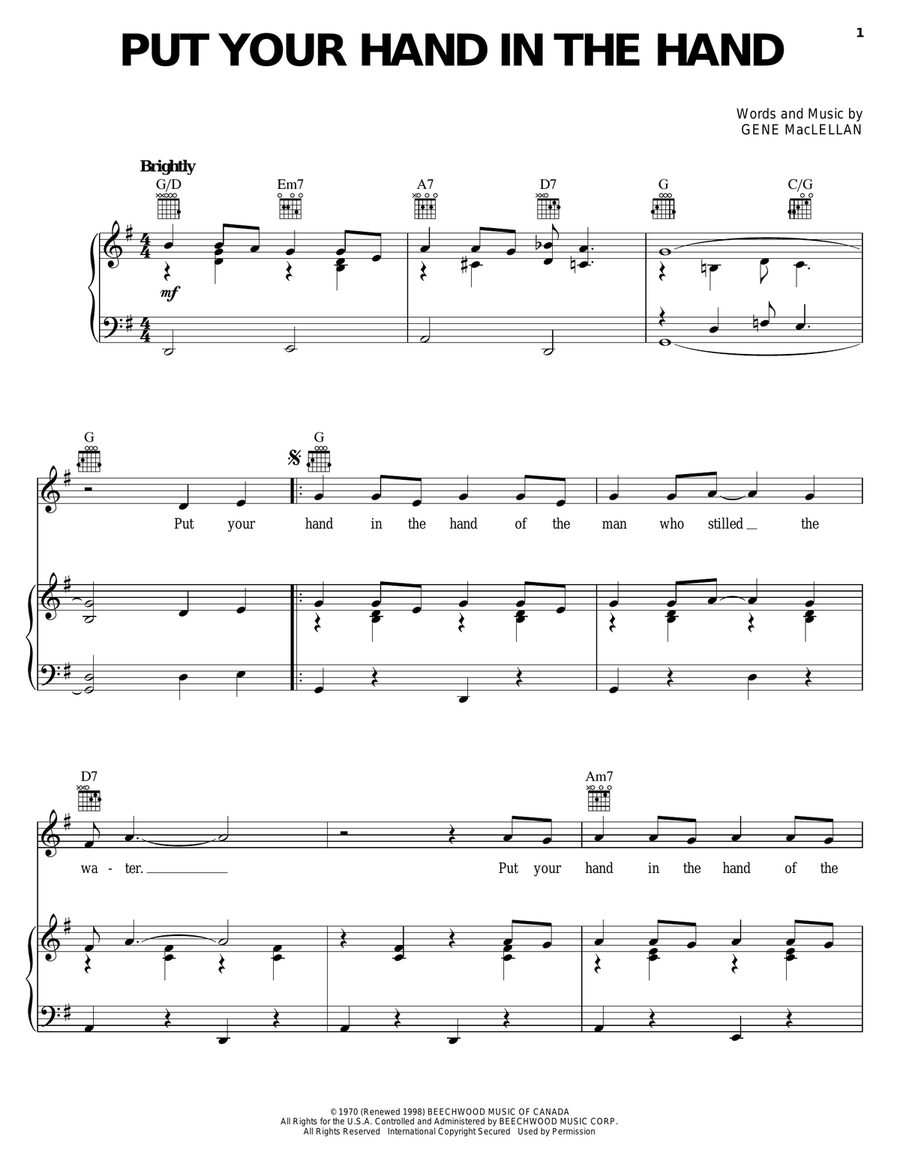 Put Your Hand In The Hand Piano, Vocal, Guitar scores gallery preview page 1
