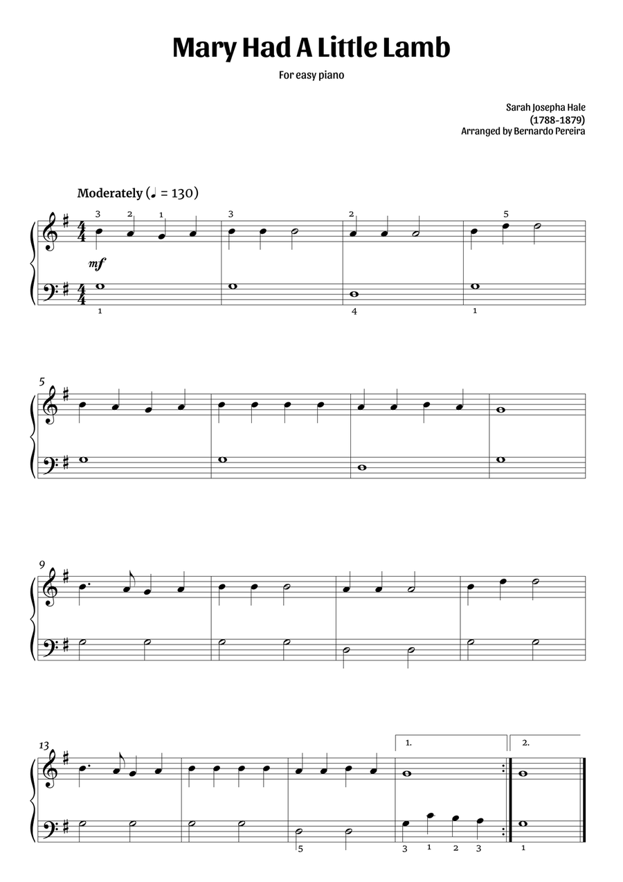 Mary Had A Little Lamb (easy piano – G major) Easy Piano scores gallery preview page 1