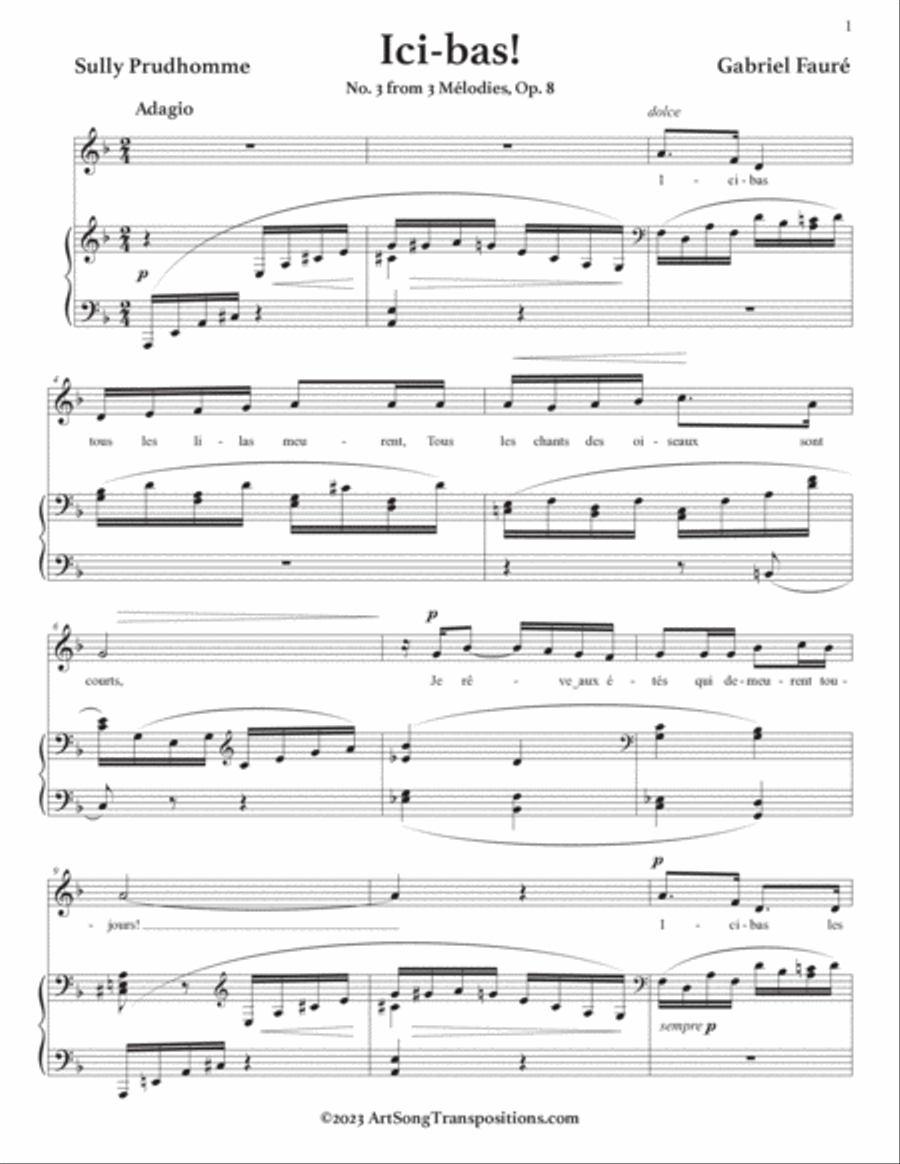 FAURÉ: Ici-bas! Op. 8 no. 3 (transposed to D minor) Voice scores gallery preview page 2
