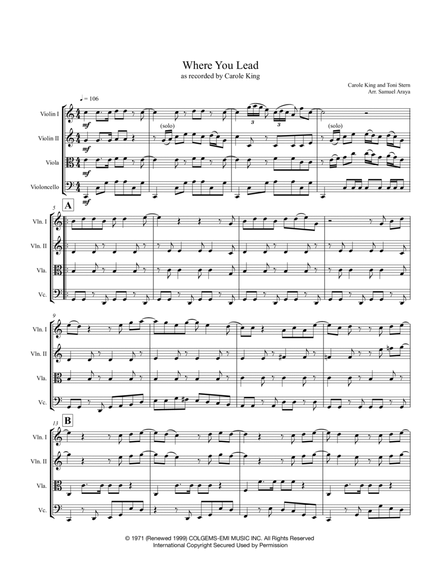 Where You Lead String Quartet scores gallery preview page 1