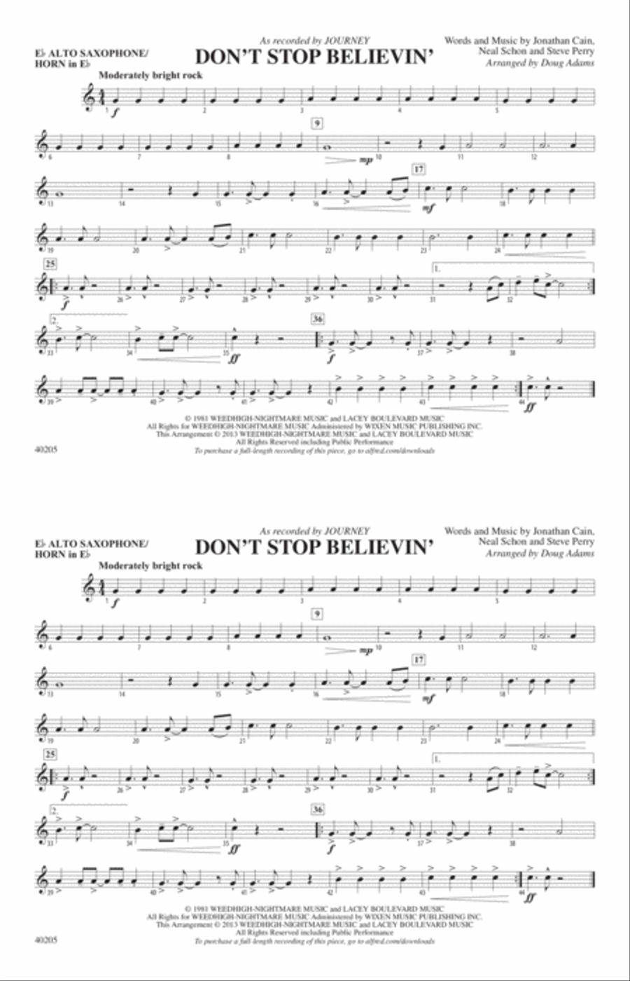 Don't Stop Believin': E-flat Alto Saxophone Marching Band scores gallery preview page 1