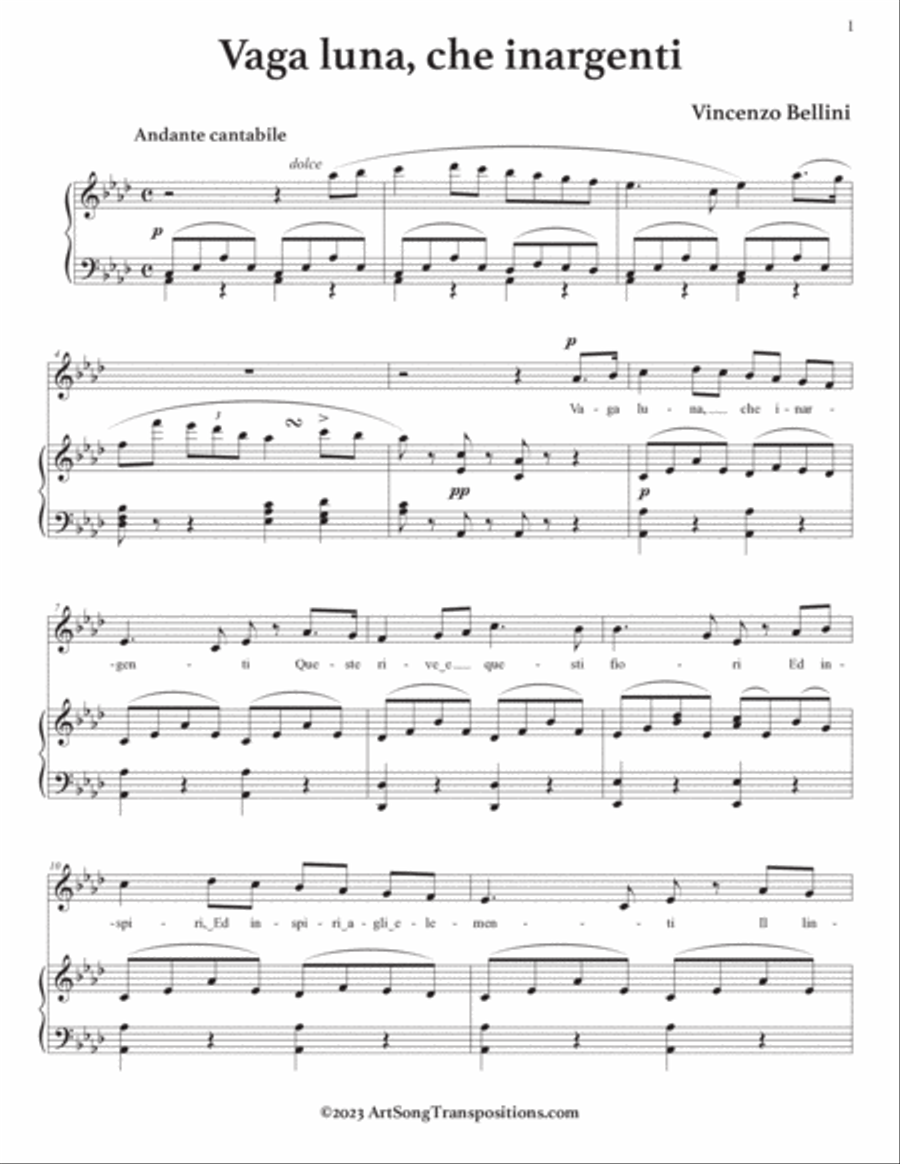BELLINI: Vaga luna, che inargenti (transposed to A-flat major) Voice scores gallery preview page 2
