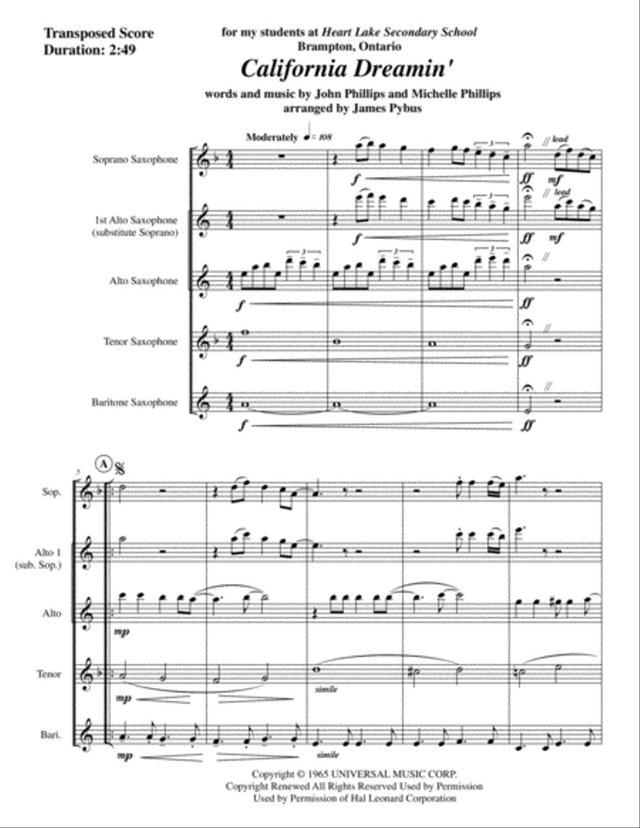 California Dreamin' Saxophone Quartet scores gallery preview page 3