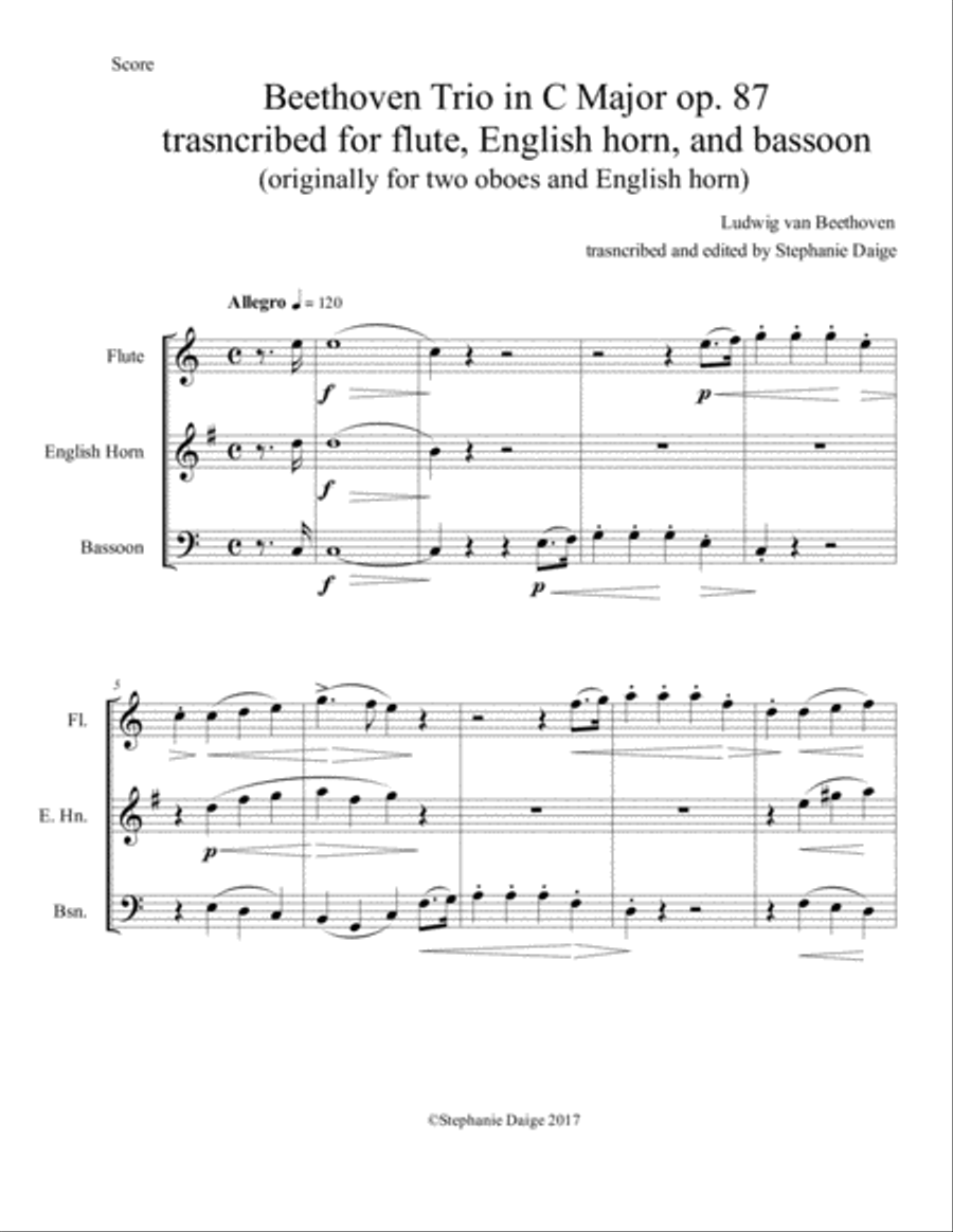 Allegro (mvt. 1) from Beethoven Trio in C Major, Op. 87, for Flute, English horn, and Bassoon Woodwind Trio scores gallery preview page 3