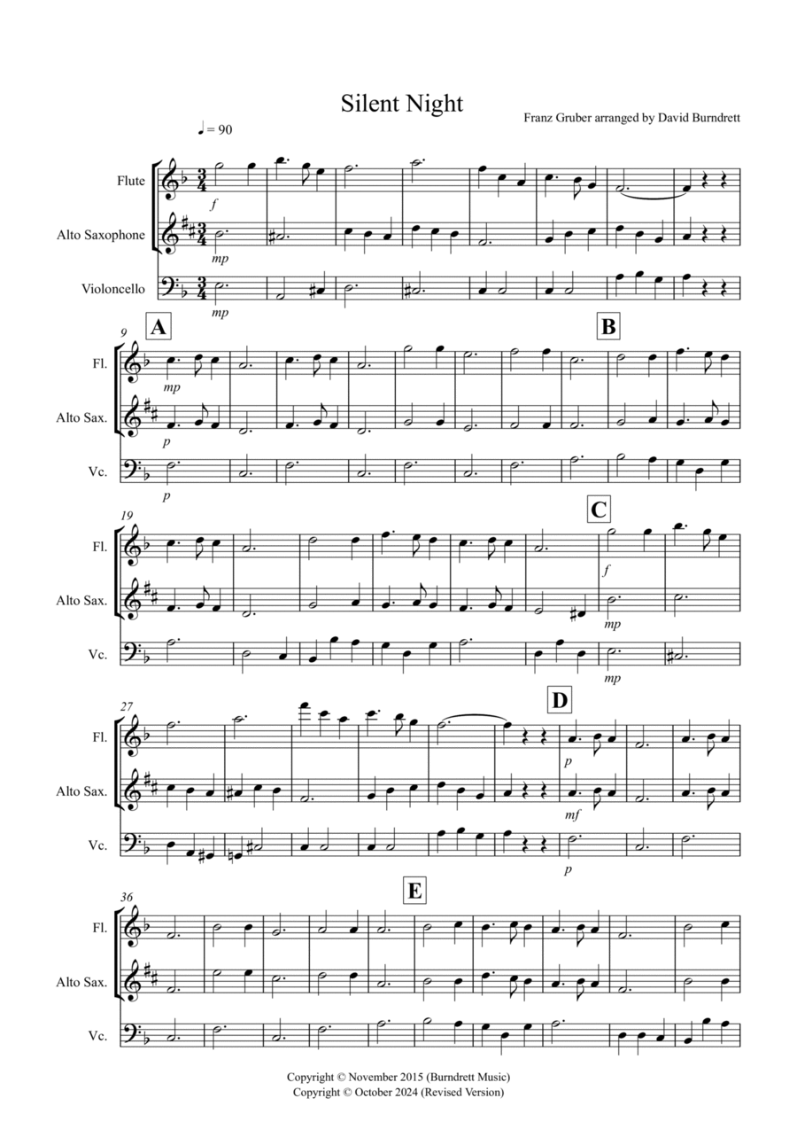 Alto Saxophone and Cello Trio, Silent Night for Flute Small Ensemble scores gallery preview page 1