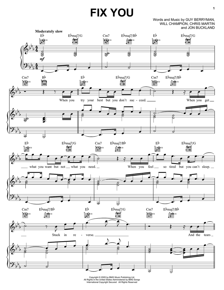 Fix You Piano, Vocal, Guitar scores gallery preview page 1