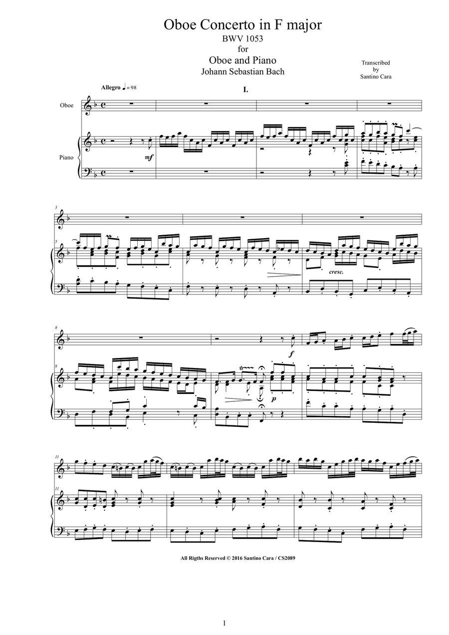 Bach - Oboe Concerto in F major BWV1053 for Oboe and Piano - Score and Oboe part Piano scores gallery preview page 1