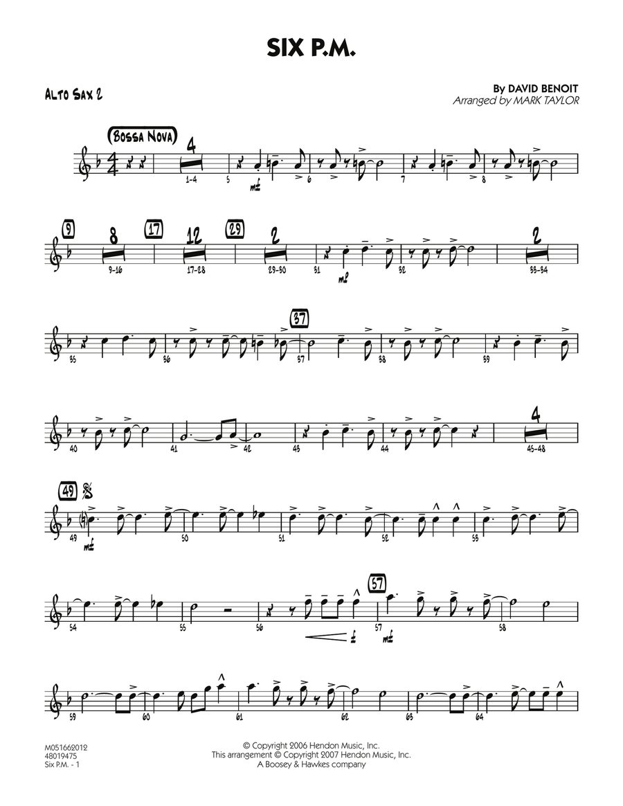 Six P.M. - Alto Sax 2 Six P.M. - Alto Sax 2 Jazz Ensemble scores gallery preview page 1