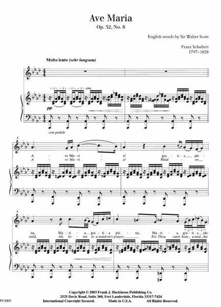 Ave Maria Op. 52, No.6, For Medium Voice and Piano