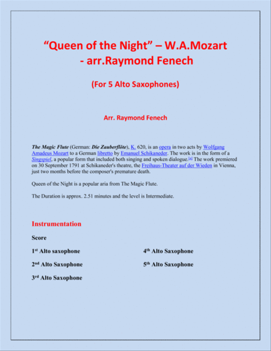 Queen of the Night - From the Magic Flute - 5 Alto Saxophones Quintet Woodwind Quintet scores gallery preview page 2