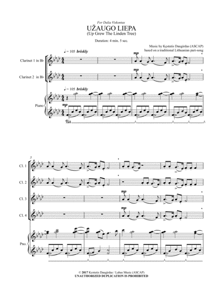 Užaugo Liepa - Lithuanian folk song for clarinet quartet & piano image number null