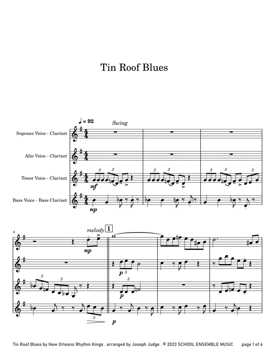 Tin Roof Blues by The Kings for Clarinet Quartet in Schools Clarinet Quartet scores gallery preview page 1