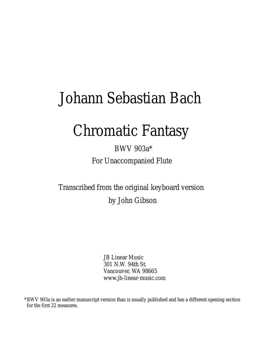 Book cover for J. S. Bach Chromatic Fantasy set for solo (unaccompanied) Flute