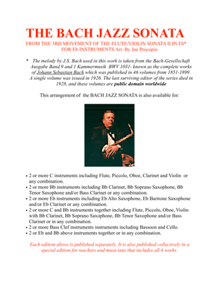 Book cover for THE BACH JAZZ SONATA FROM THE 3RD MOVEMENT OF THE FLUTE/VIOLIN SONATA II IN Eb* FOR Eb INSTRUMENTS A