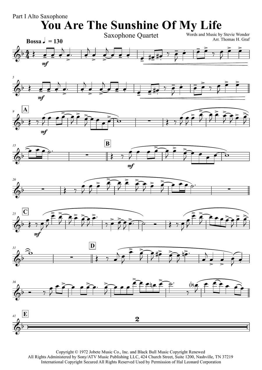 You Are The Sunshine Of My Life Saxophone Quartet scores gallery preview page 5