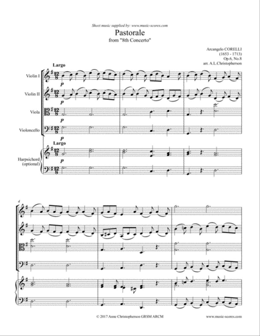 Pastorale from Christmas Concerto - String Quartet (optional Harpsichord) String Quartet scores gallery preview page 1