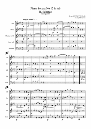 Book cover for Beethoven: Piano Sonata No.12 in Ab Op.26 Mvt.II Scherzo - wind quintet