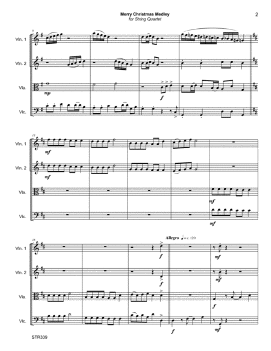 MERRY CHRISTMAS MEDLEY - STRING QUARTET (or 3 Violins & Cello) - 5 carol medley String Quartet scores gallery preview page 2