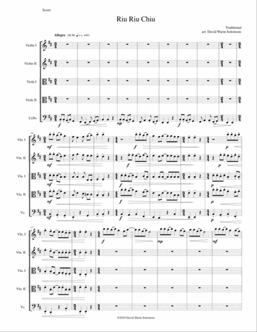 Riu Riu Chiu arranged for string quintet (2 violins, 2 violas, 1 cello) String Trio scores gallery preview page 1