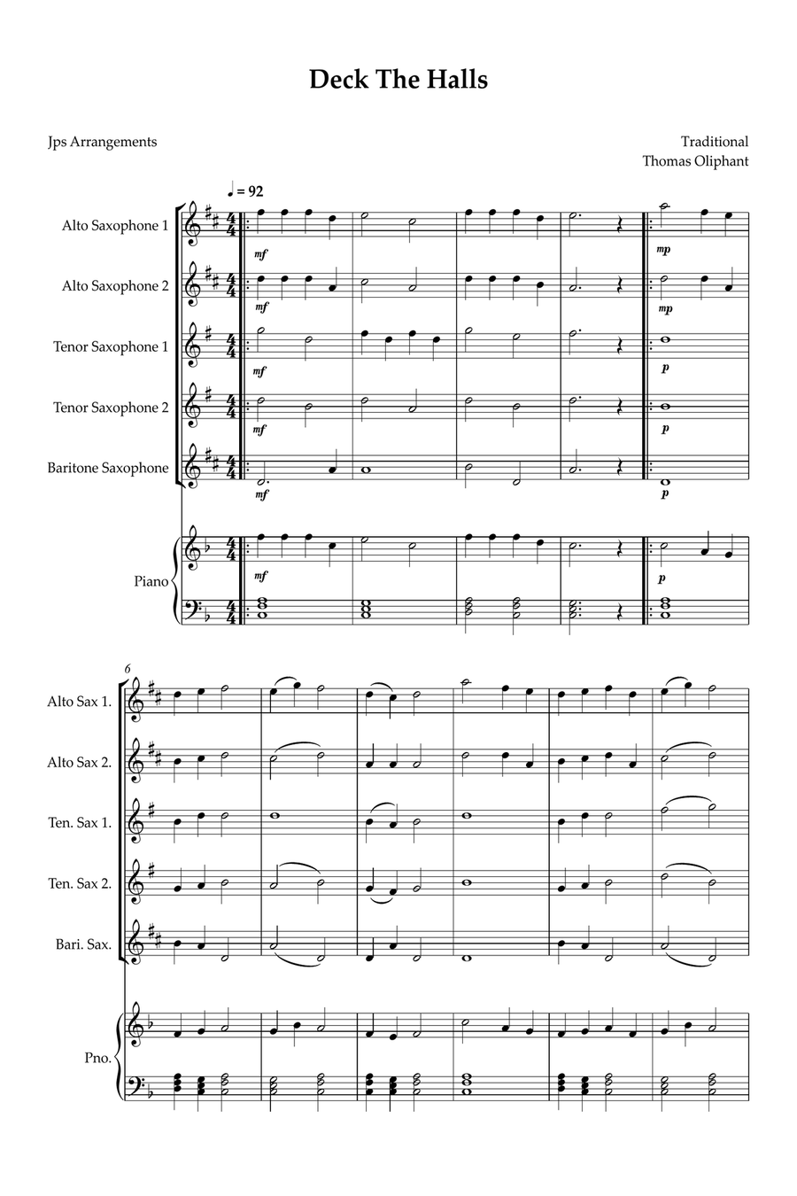 Deck The Halls for Sax quintet and piano Saxophone Quintet scores gallery preview page 1