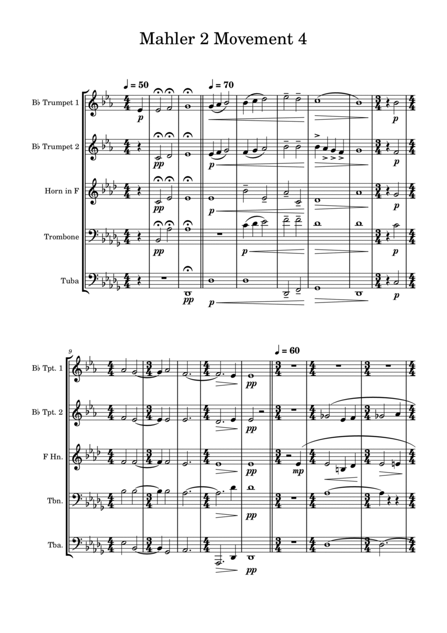 Movement Four from Mahler's Second Symphony - Brass Quintet Brass Quintet scores gallery preview page 1